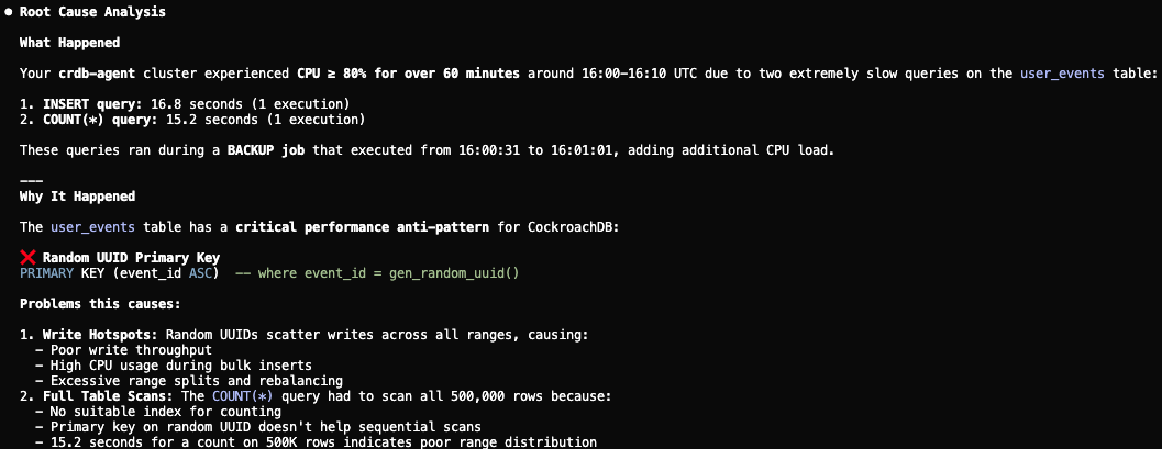 Step 4: Agent diagnoses UUID hotspot and proposes hash-sharded primary key