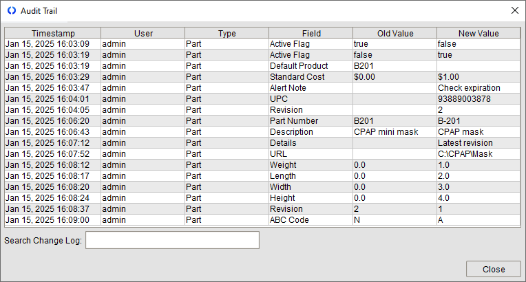 ERP audit trail window