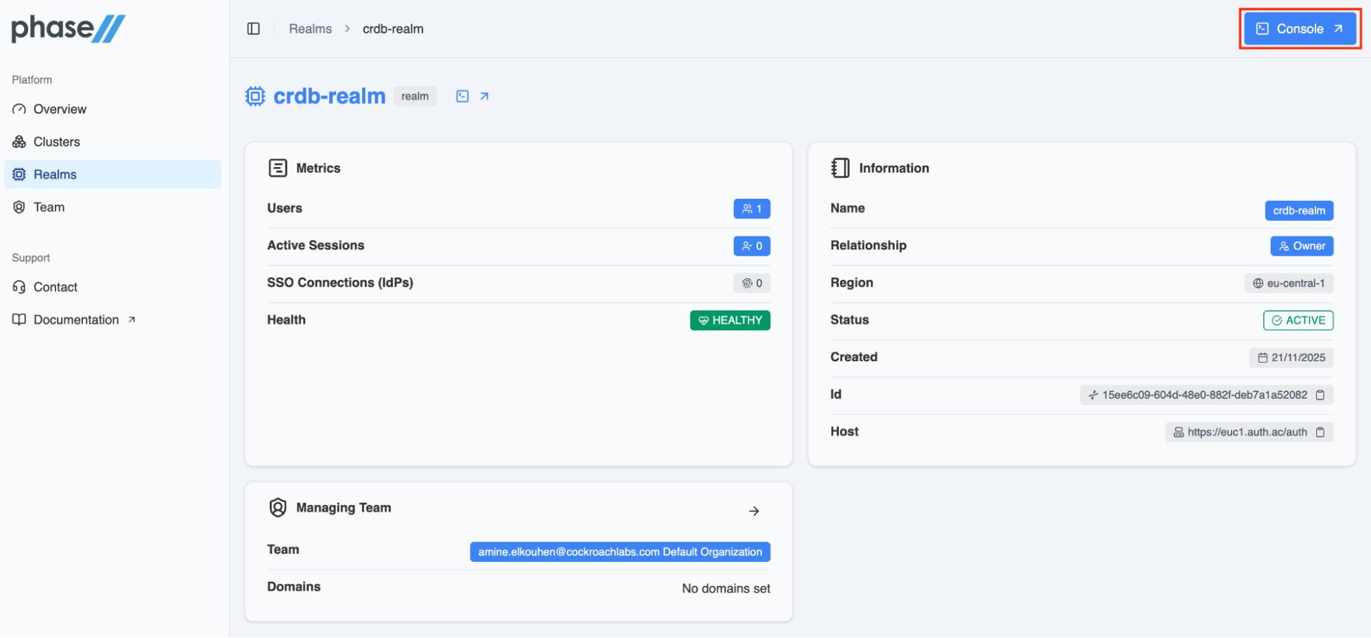 Keycloak console in Phase Two