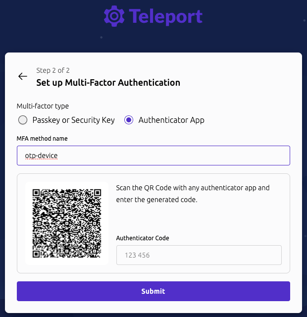 Teleport MFA QR code setup