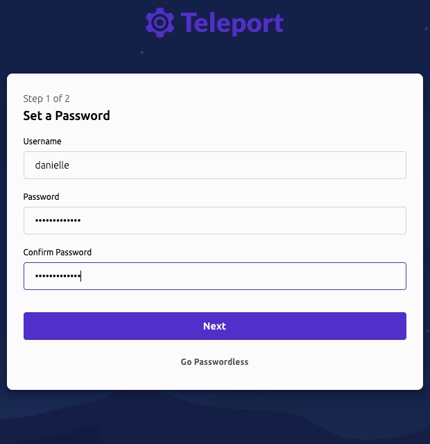 Teleport user setup form