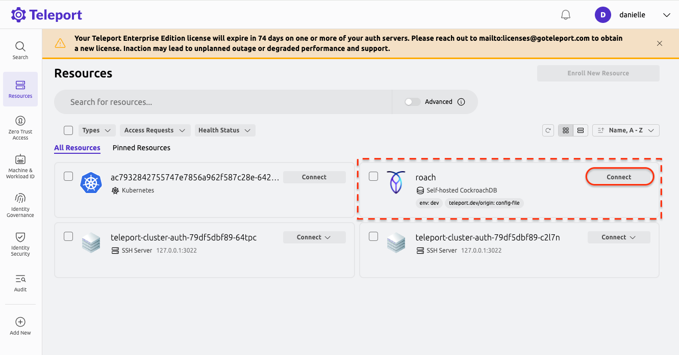Teleport Web UI showing CockroachDB access
