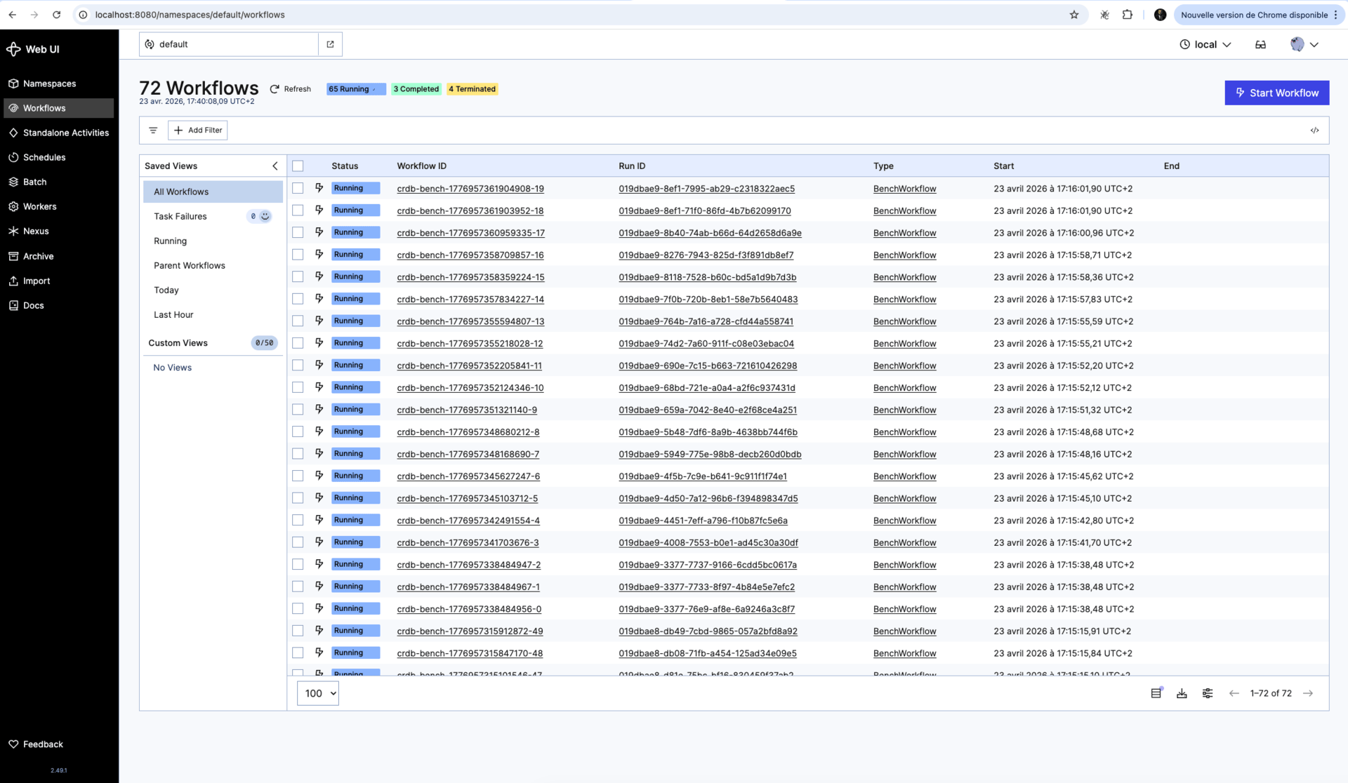 Temporal Web UI: 72 BenchWorkflow executions transitioning from running to completed